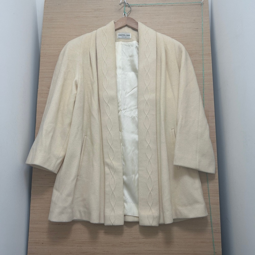 Preston & York Vintage Cream Wool Open Front Shawl Collar Coat Made in USA L